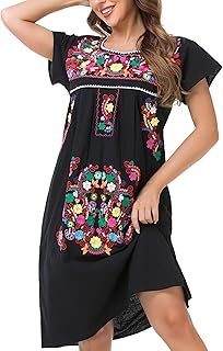 YZXDORWJ Women Mexican Embroidered Long Dress Ruffle Collar Maxi Boho Floral Summer Short Sleeve