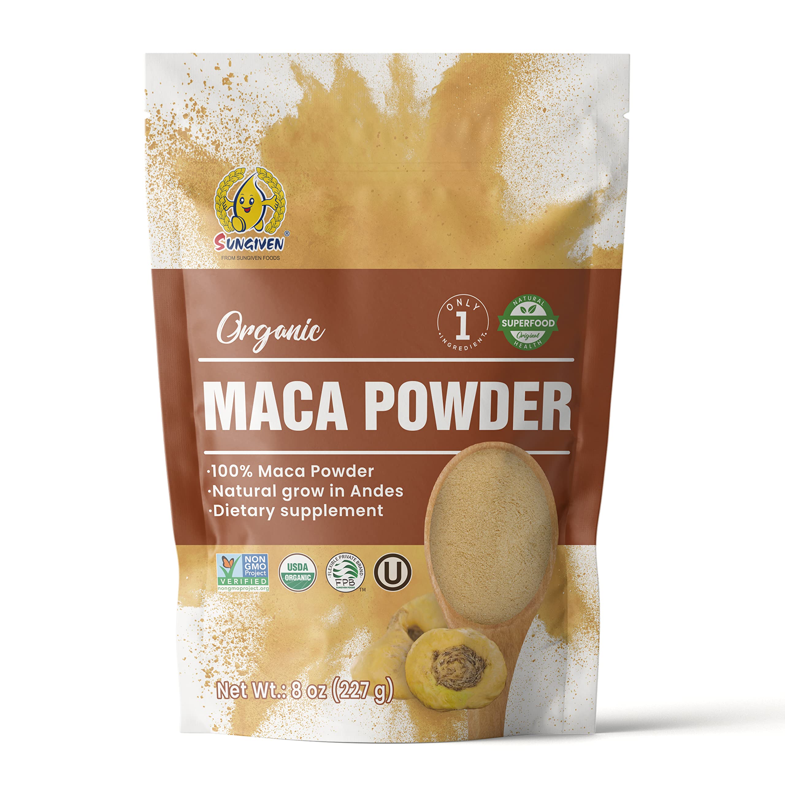 SUNGIVEN Organic Maca Powder,Natural Grow in Peru,100% Maca Powder,NON-GMO,USDA Organic,Vegan&Gluten-Free,Keto-Friendly,BPA Free,Baked Good,Smoothies,Blend,Dietary Supplement 8 oz (227 g)