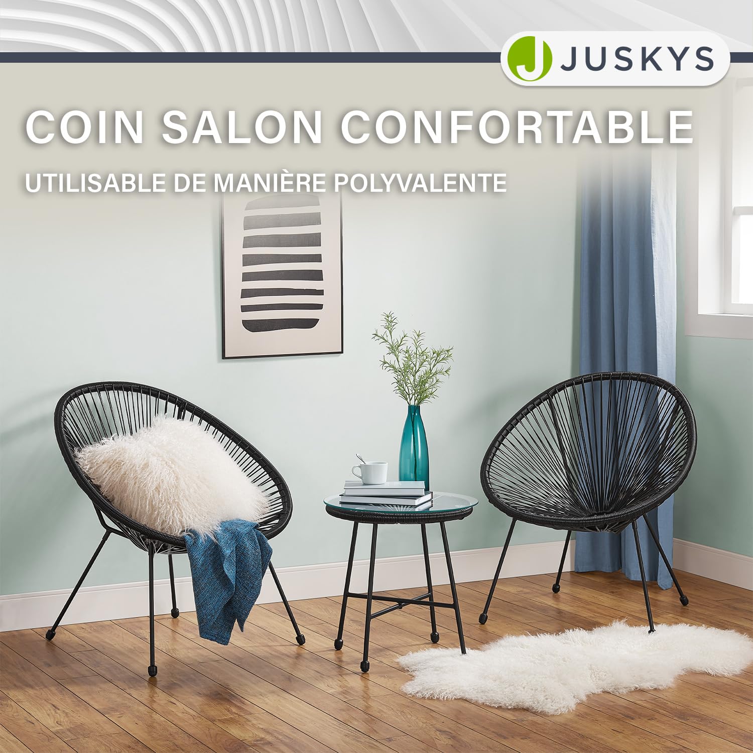Juskys Ensemble de Meubles de Balcon Ostana en 3 Parties - Table et 2 fauteuils - Groupe de sièges élégant pour Balcon, terrasse et Jardin - Ensemble de Meubles de Jardin pour Balcon Noir