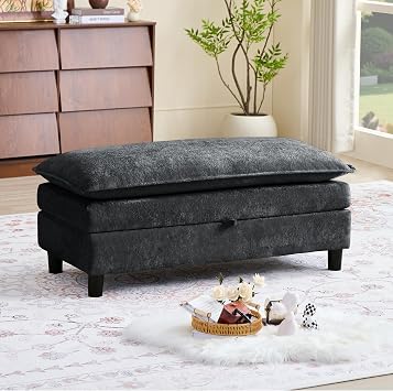 Long Storage Ottoman Bench, Convertible Chenille Couch Ottoman Footstool for Sofa, Storage Chest, Foot Rest Stool, End of Bed Wide Cloud Bench for Bedroom, Living Room, Entryway, Black