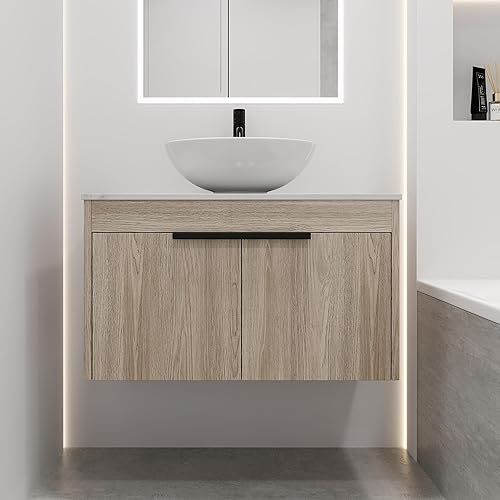 Miniatura 1 de Armario de tocador de baño de 30 pulgadas, tocador de baño flotante con lavabo de cerámica, moderno juego de tocador de baño colgante de roble