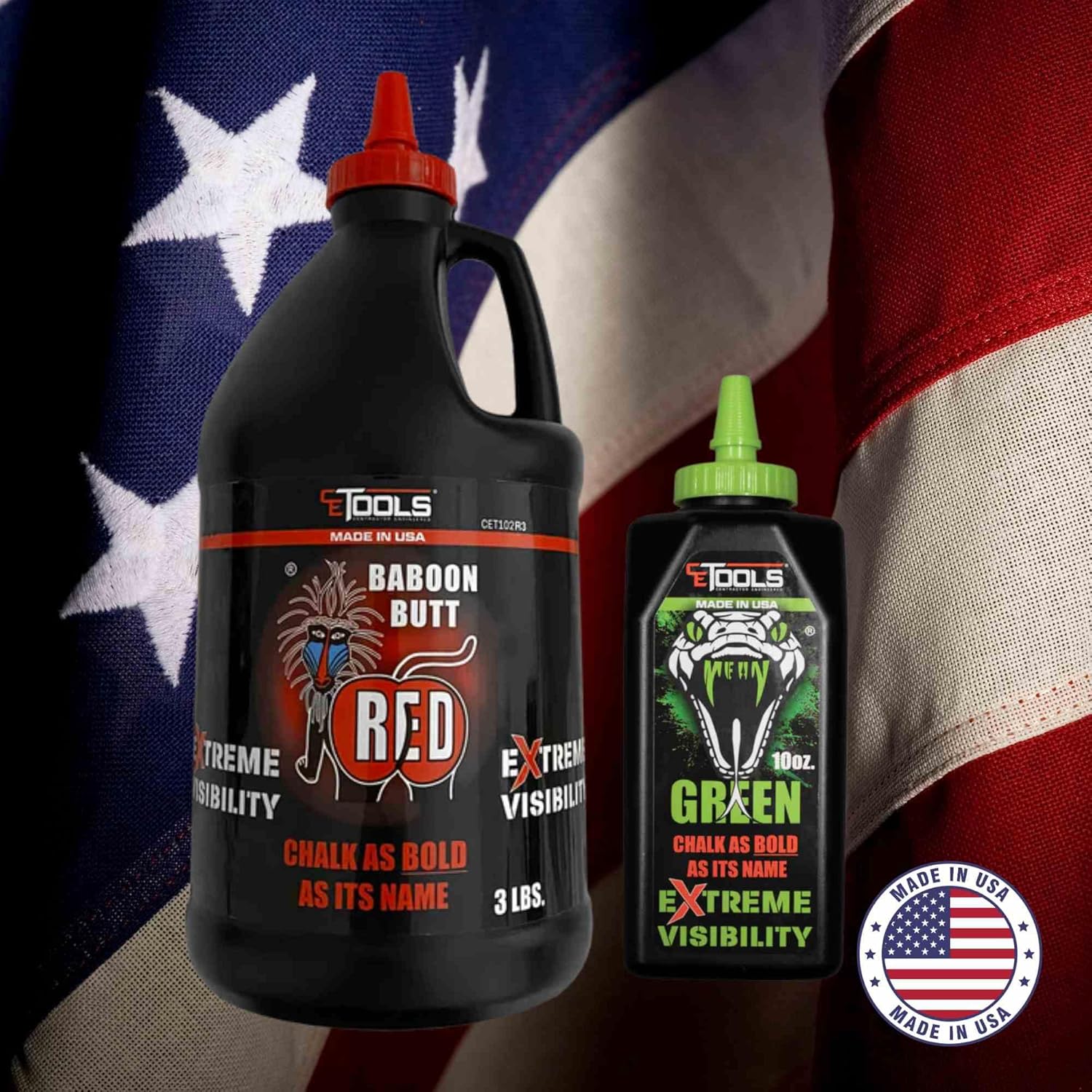 CE TOOLS COMBO 2 unit SnapBack® Chalk Line with Releasable Tip and 1 Unit 10oz Green Mean 1 Unit 3lb Baboon Butt Red EXTREME VISIBILITY Marking Chalk-Made in US, Hydrophobic, Construction use.