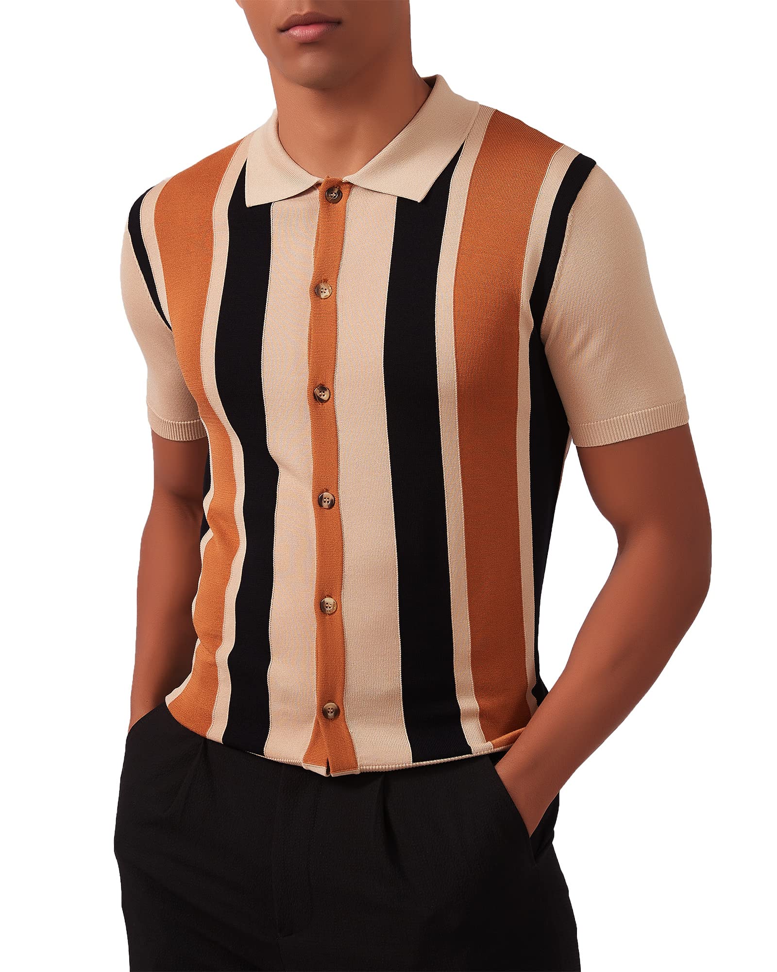 KALLSPIN Men’s Retro Short Sleeve Knit Polo Shirts Vintage Stripe Lapel Collared Button Down Golf Shirts