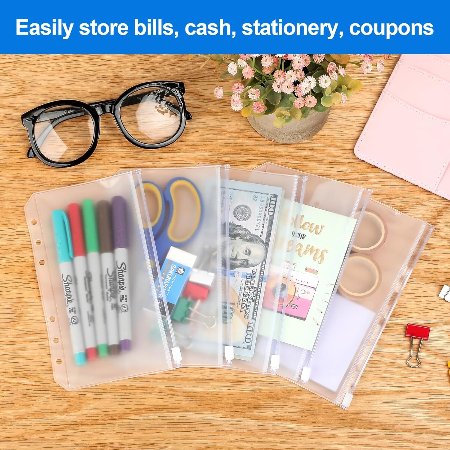 KTRIO  A6 Binder Pockets  Holes Cash Envelopes for Budgeting, Clear Zipper Pouch Folders A6 Planner Inserts, Waterproof PVC Loose Leaf Filing Bags Plastic Money Coupon Sticky Notes Organizer