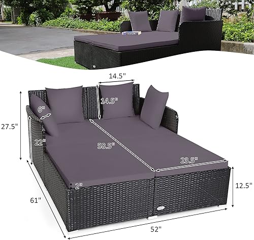 Miniatura 3 de COSTWAY Sofá cama de ratán para patio al aire libre, sofá biplaza acolchado de esponja con 4 almohadas, muebles de mimbre para balcón, patio (gris)