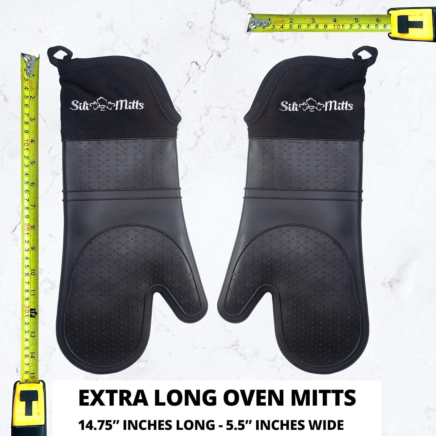 Silicone Oven Mitts Heat Resistant 500 Degrees - 2 Extra Long Silicone Oven Mitt Pot Holders - Food Safe Oven Gloves - BPA Free - Soft Inner Lining - (Black) - Frux Sili Mitts