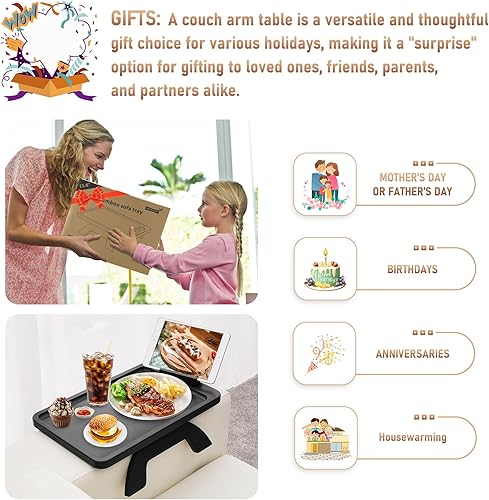 Miniatura 6 de Bandeja para reposabrazos de sofá, mesa de brazo de sofá con clip, bandeja plegable para brazo de sofá con soporte giratorio de 360 y mesa de sofá