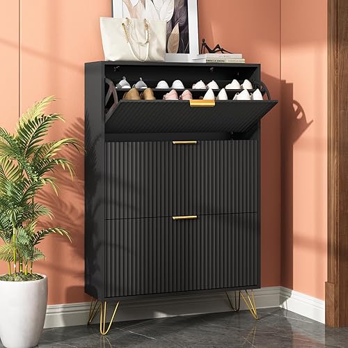 Miniatura 9 de Armario de almacenamiento de zapatos con 3 cajones abatibles, gabinete de zapatos estriado de 31.5 pulgadas de ancho para entrada, almacenamiento