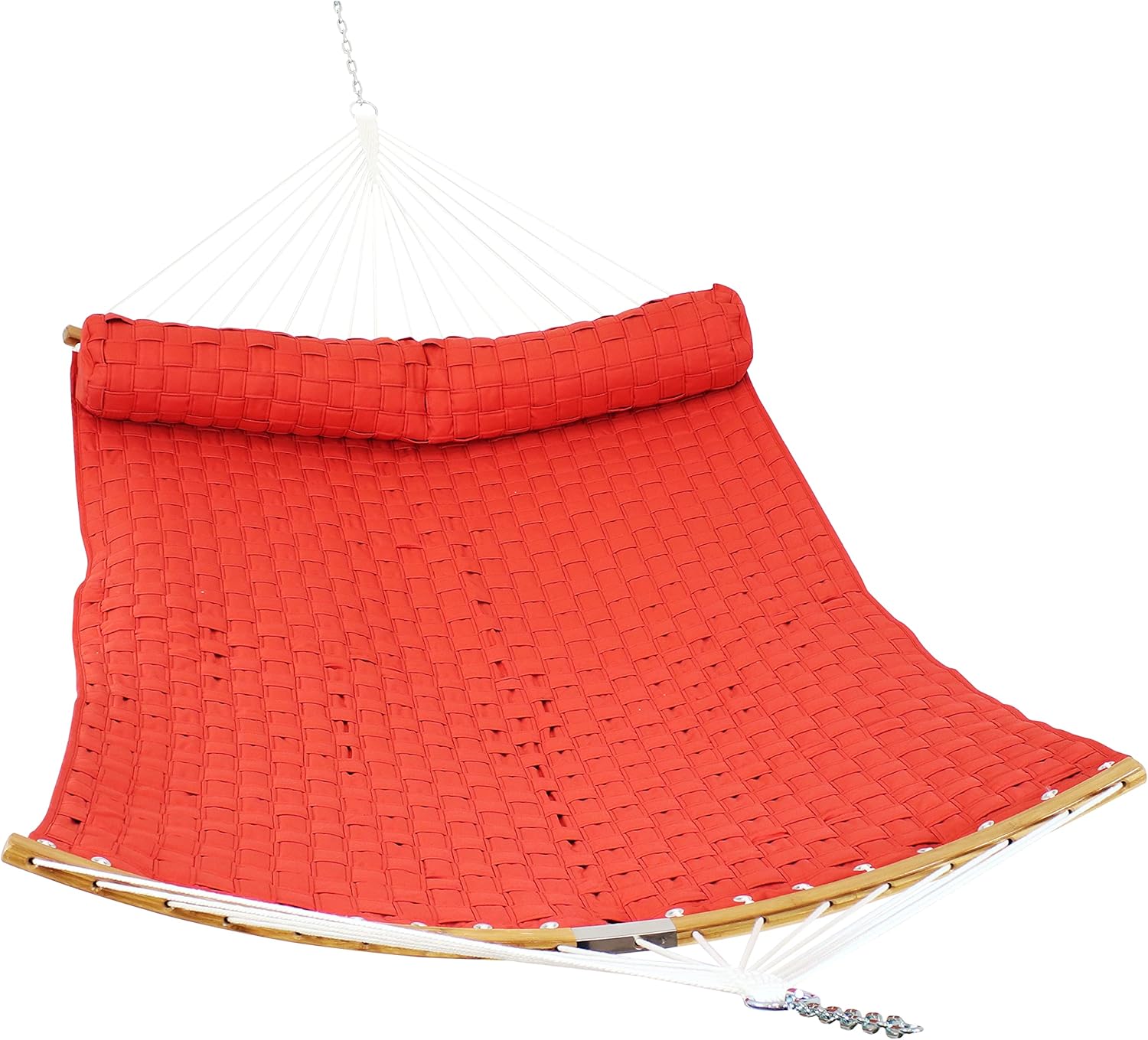 Sunnydaze Quilted Weave Polyester Double Hammock with Curved Bamboo Spreader Bars - 450-Pound Weight Capacity - Salmon