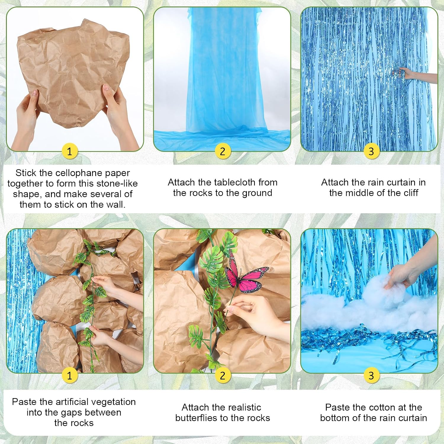 XunYee 37 Pcs Rainforest Fall Decoration Waterfall Landscaping Jungle Kit for Vbs 2026 Vacation Bible School Backdrop Blue Foil Fringe Curtain 3D Stream with Artificial Flower Butterflies for Church