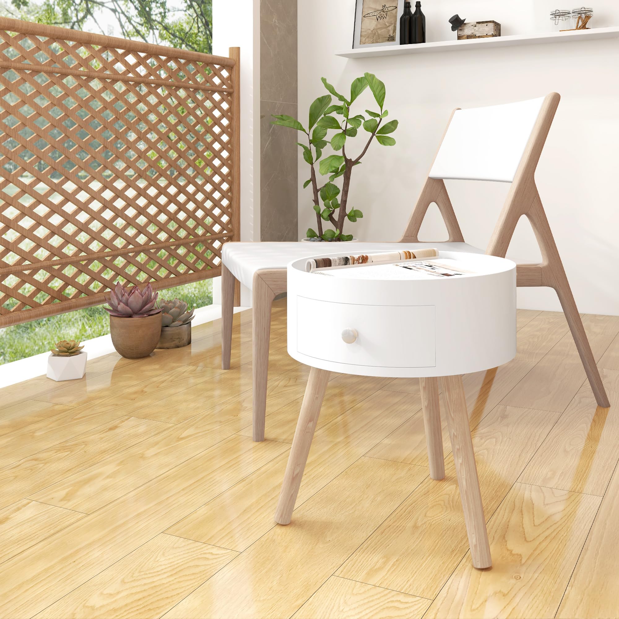 HOMCOM Tavolino da Salotto Moderno in Legno, Tavolino Rotondo con Cassetto, Tavolino da Caffè per Soggiorno e Camera, Bianco