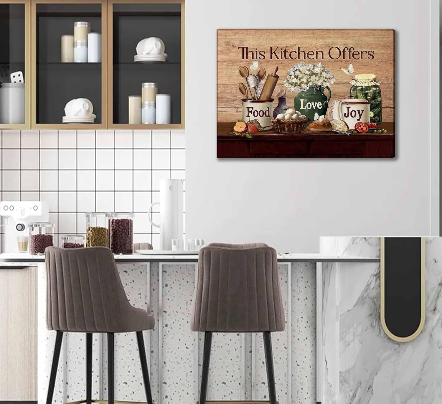 Country Kitchen Food Still Life Canvas Wall art Vintage Rustic Farmhouse This Kitchen Offers Food Love and Joy Painting Picture Wall Decor Poster Print Artwork for Dining Room Home Decoration