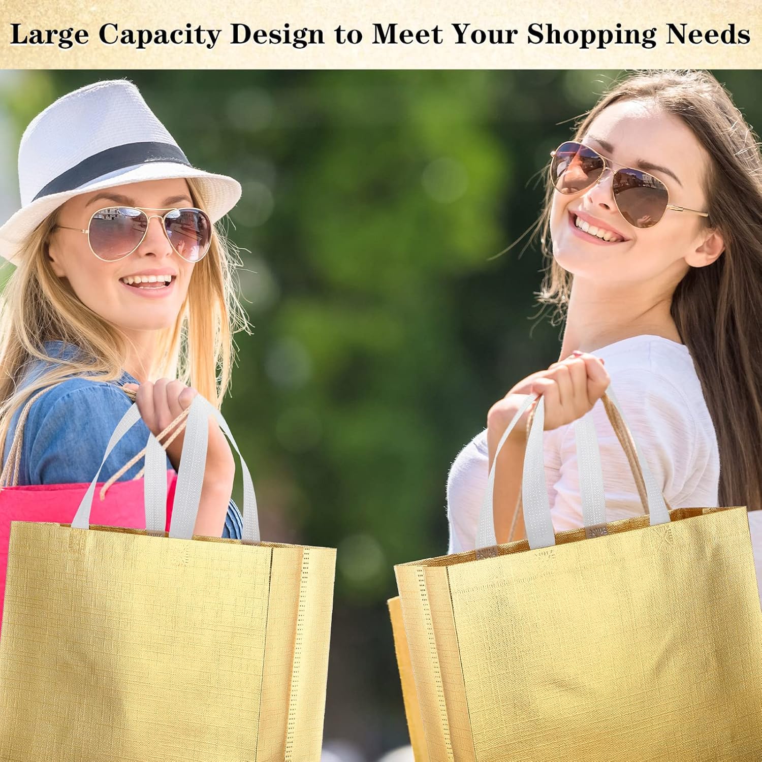 Zhehao 64 Pcs Gold Reusable Grocery Bags 12.7 x 11.1 x 4.7 Inch Large Present Gift Bags Shopping Tote with Handle for Wedding Birthday Party - Image 6