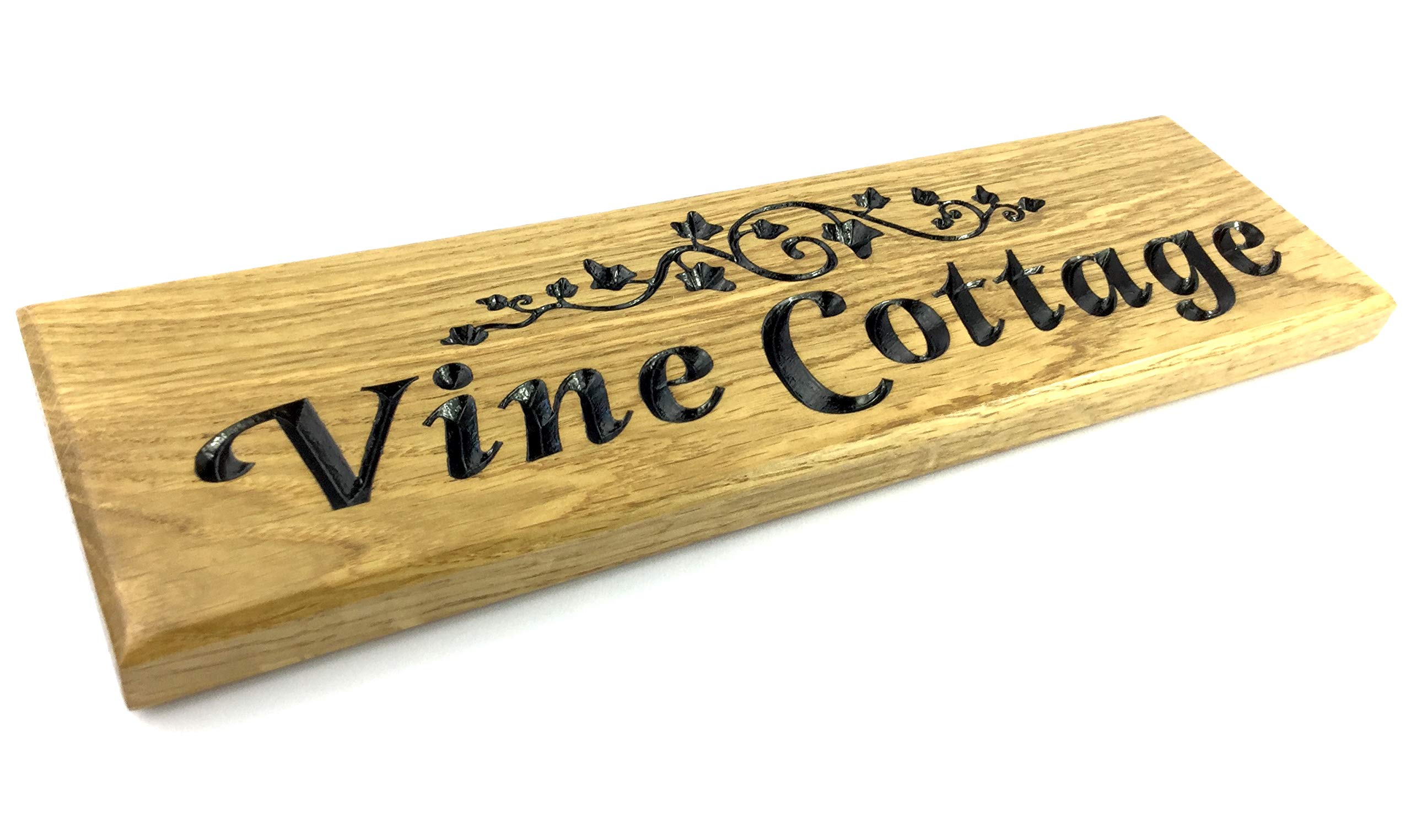 Personalised customisable bespoke sign with text and optional ivy vine image 38x11cm hand finished modern solid oak engraved wooden house name garden gate shed number street door plaque