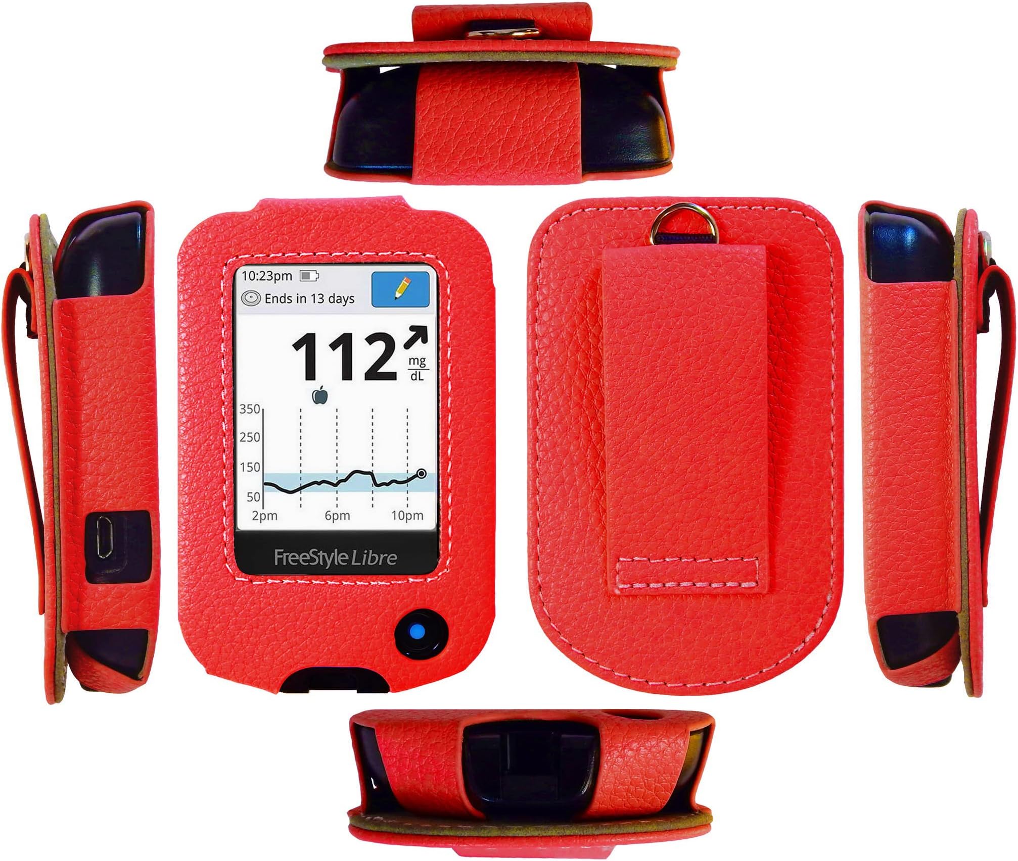 (RED) Premium Fitted Leather Case with Screen Protector (Including Lanyard and Carabiner) for Freestyle Libre/Freestyle Libre 2 (Glucose Monitoring System)