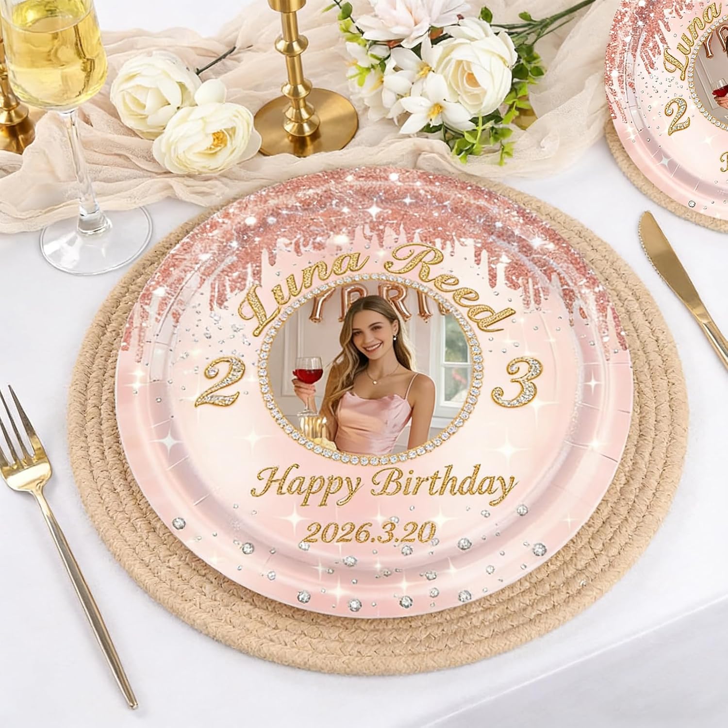 Custom Birthday Cake Plates 9 Inch Thick Paper Plate Rose Gold-Themed Disposable Birthday Cake Plate Suitable for girls ladies and princess-themed parties