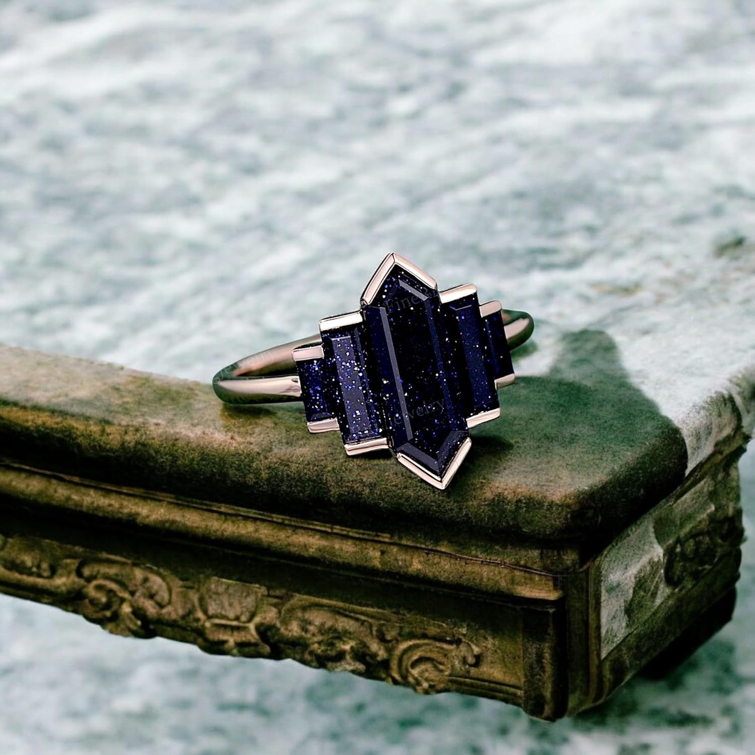 Hexagon cut Blue sandstone ring Vintage Rose gold engagement Galaxy Jewelry Baguette cut sandstone Band bridal Handmade Sky nebula ring for women