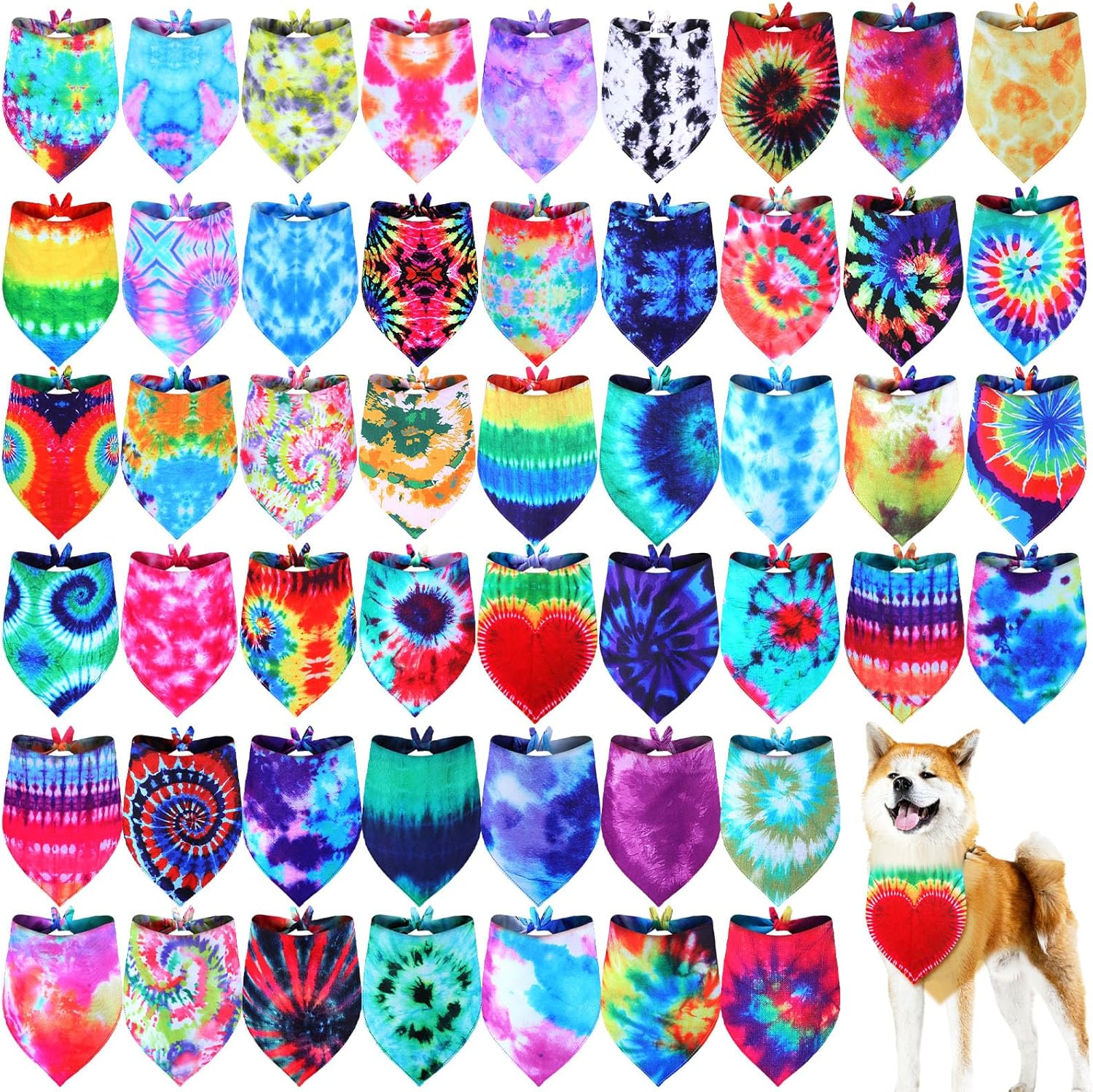 Silkfly 50 Pcs Summer Tie Dye Dog Bandanas Bulk Pet Scarf Grooming Salon Triangle Washable Dog Bib Kerchief for Large Pet Birthday Party(X-Large)