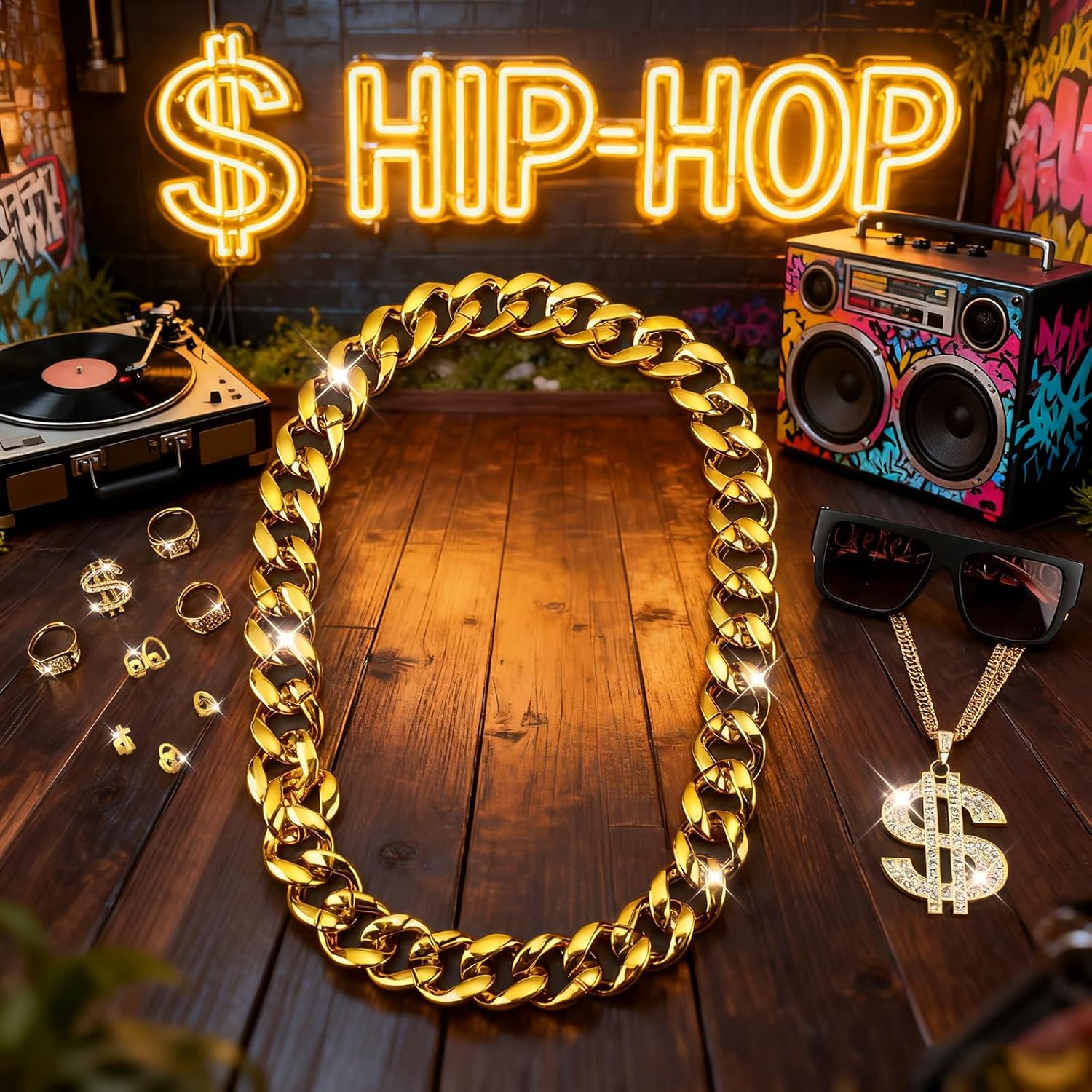 13 Pcs 80s 90s Hip Hop Costume Kit Rapper Accessories Outfits, Gold Grills Tooth Cap Fake Gold Chain Dollar Sign Chain Ring Punk Sunglasses Bucket Hat for Men Women Halloween Cosplay Party - Image 8