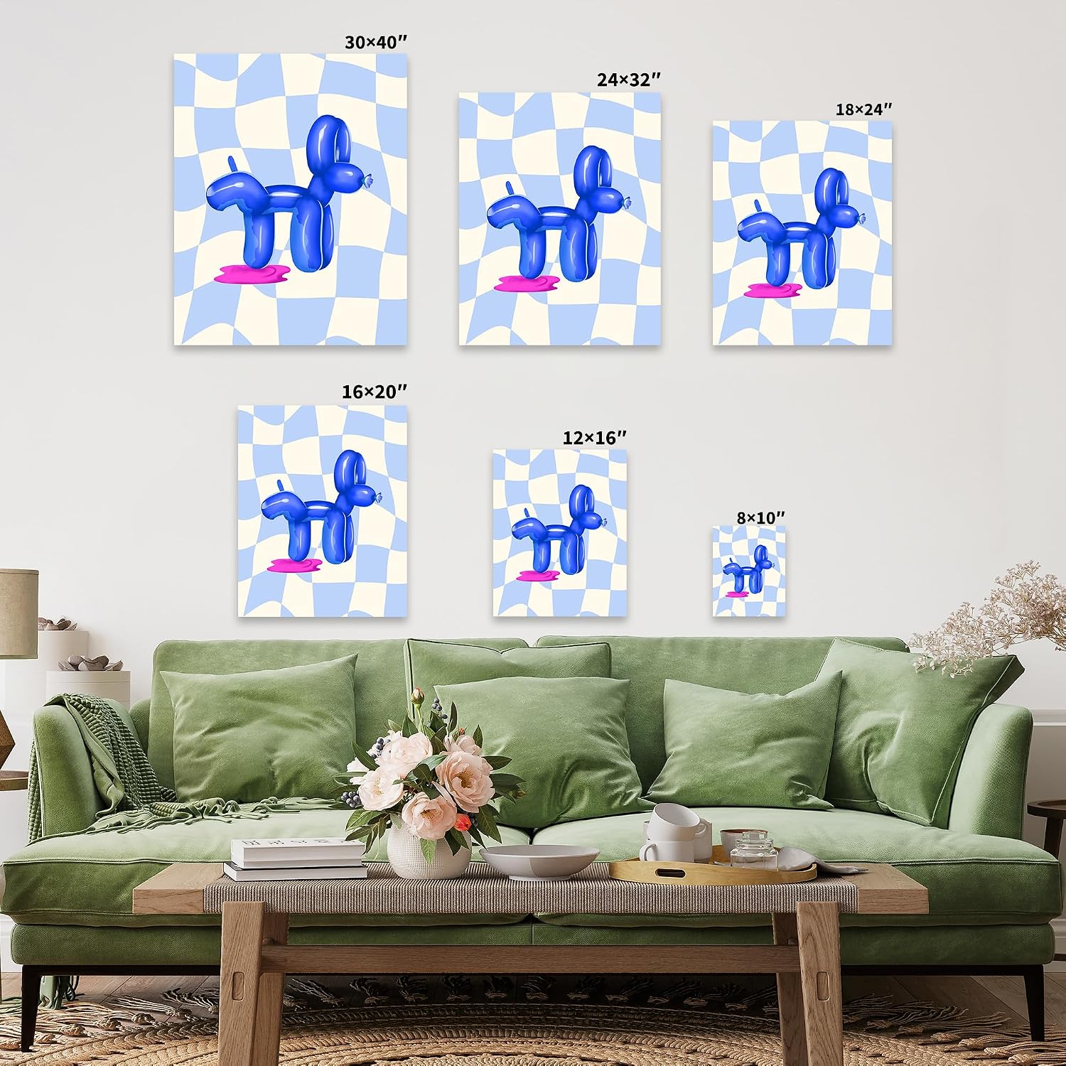 Poster Master Balloon Dog Canvas - Peeing Dog Print - Blue Balloon Art - Trendy Checkered Design - Funny Bathroom Decor - Humorous Wall Art - Restroom Decor - 8x10 STRETCHED Canvas