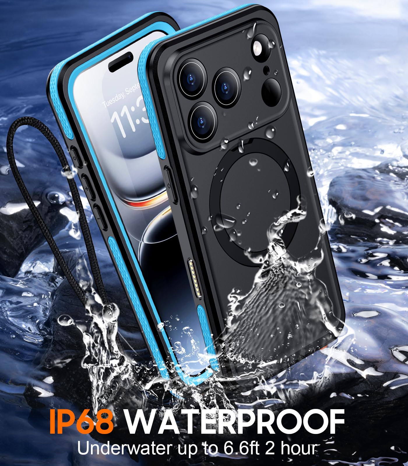 Magnetische Schutzhülle für iPhone 17 Pro, wasserdicht, eingebauter Bildschirm- und Kameraschutz, IP68, Unterwasser-Ganzkörperhülle, 4,2 m, militärisch, sturzsicher, stoßfest, 16 cm, Blau