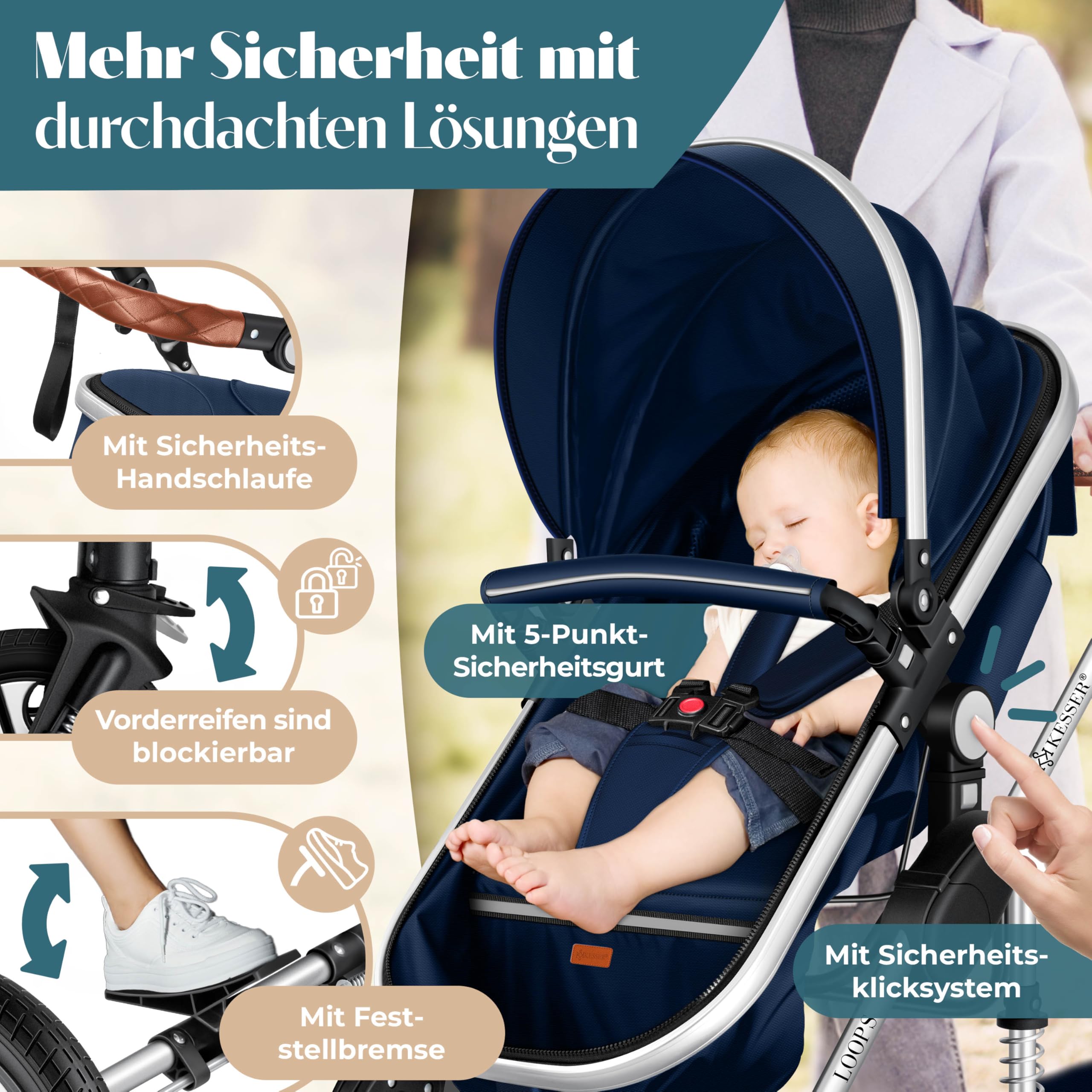 KESSER Ensemble poussette combinée 4 en 1 nacelle siège pneus caoutchouc plein ECE R129 Bleu Argent