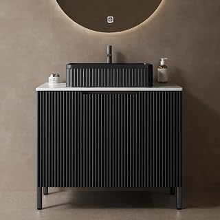 30" Bathroom Vanity with White Stone Pattern Basin, Freestanding Bathroom Cabinet with 2 Doors and Countertop, No Faucet, Black