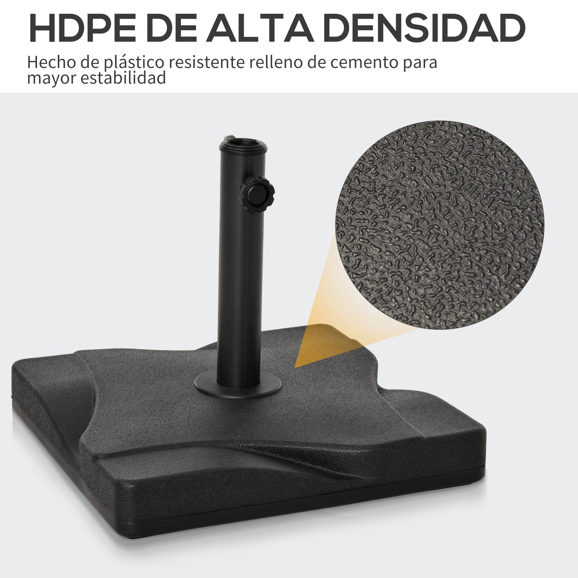 Outsunny Base de Sombrilla de Jardín Peso 20 kg Apta para Distintos Diámetros de Poste Ø32mm, Ø38mm, Ø48mm Rellena con Cemento Estable 41,5x41,5x33cm Negro