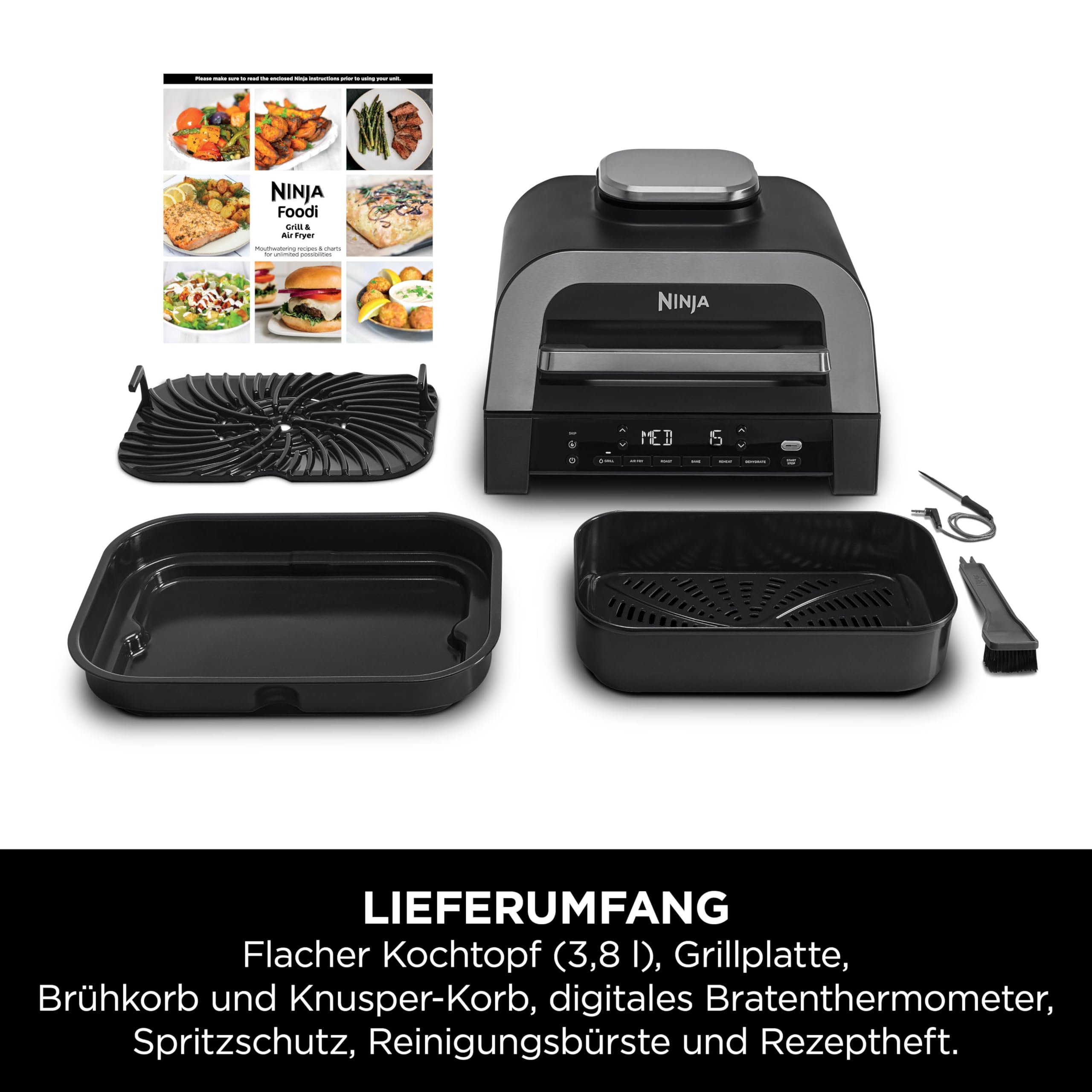 Ninja MAX 6-in-1-Grill & -Heißluftfritteuse für den Innenraum, 6 Kochfunktionen, für bis zu 6 Burger, 3,8-l-Fassungsvermögen, kaum Rauch, enthält digitales Bratthermometer, Grau/Silber, DG551EU