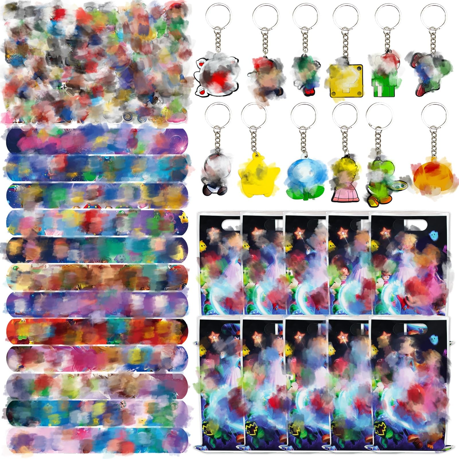 Heartsking 84Pcs Super Party Bag Fillers for Kids, Bros Party Favours, Assortment Toys with Stickers, Paper Bags, Keychains, Slap Bands, Party Bags Favours for Boys Girls Birthday Gifts