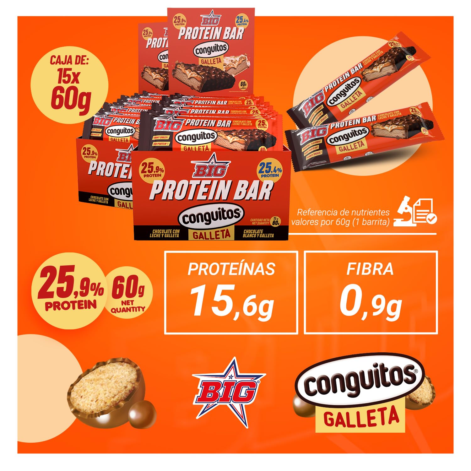 BIG - Barritas Proteina con Toppings de Conguitos Dark Galleta 25 gr Proteina por Barra - Pack 15 Barritas x 60 gr - Barras Alta en de Proteinas con Chocolate con Leche - Ideal para Dieta Deportiva