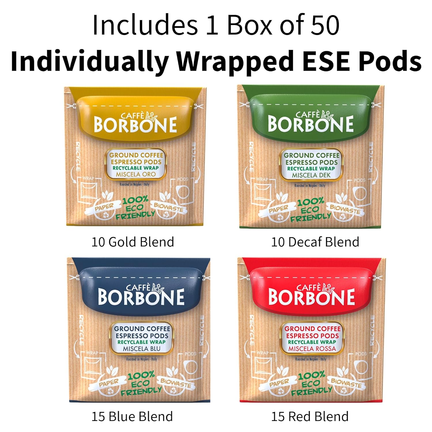 Caffè Borbone Espresso Pods, Variety Pack, Dark Roast ESE Pods - 50 Count