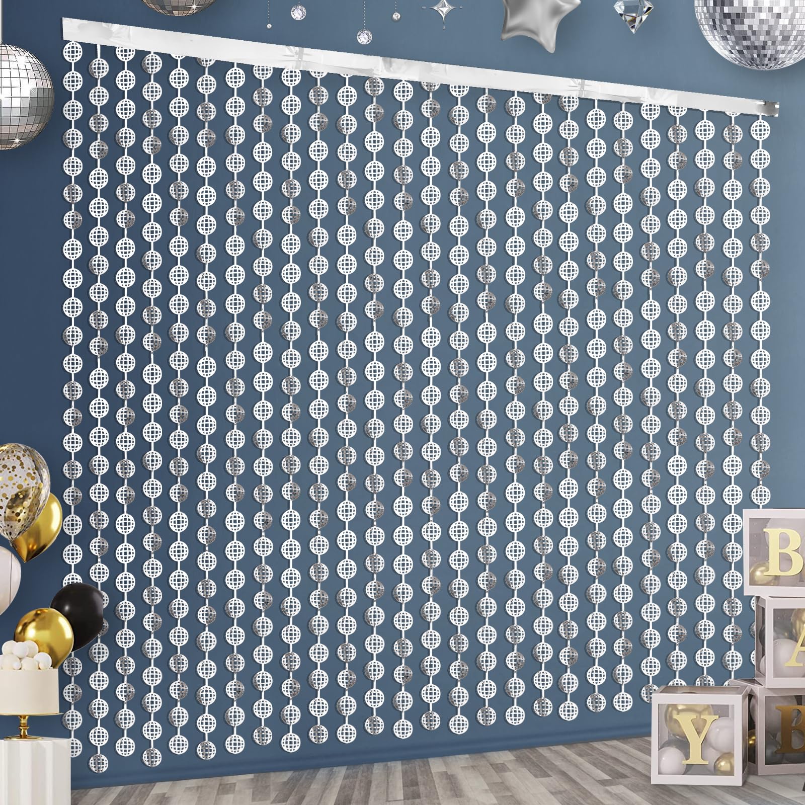 Disco Party Decorations, 2 Pack of 3.3 x 6.6 ft Silver Glitter Foil Fringe Curtains, 70s 80s Retro Disco Ball Backdrop Decor for Cowgirl Bachelorette Party Birthday and Dance Party