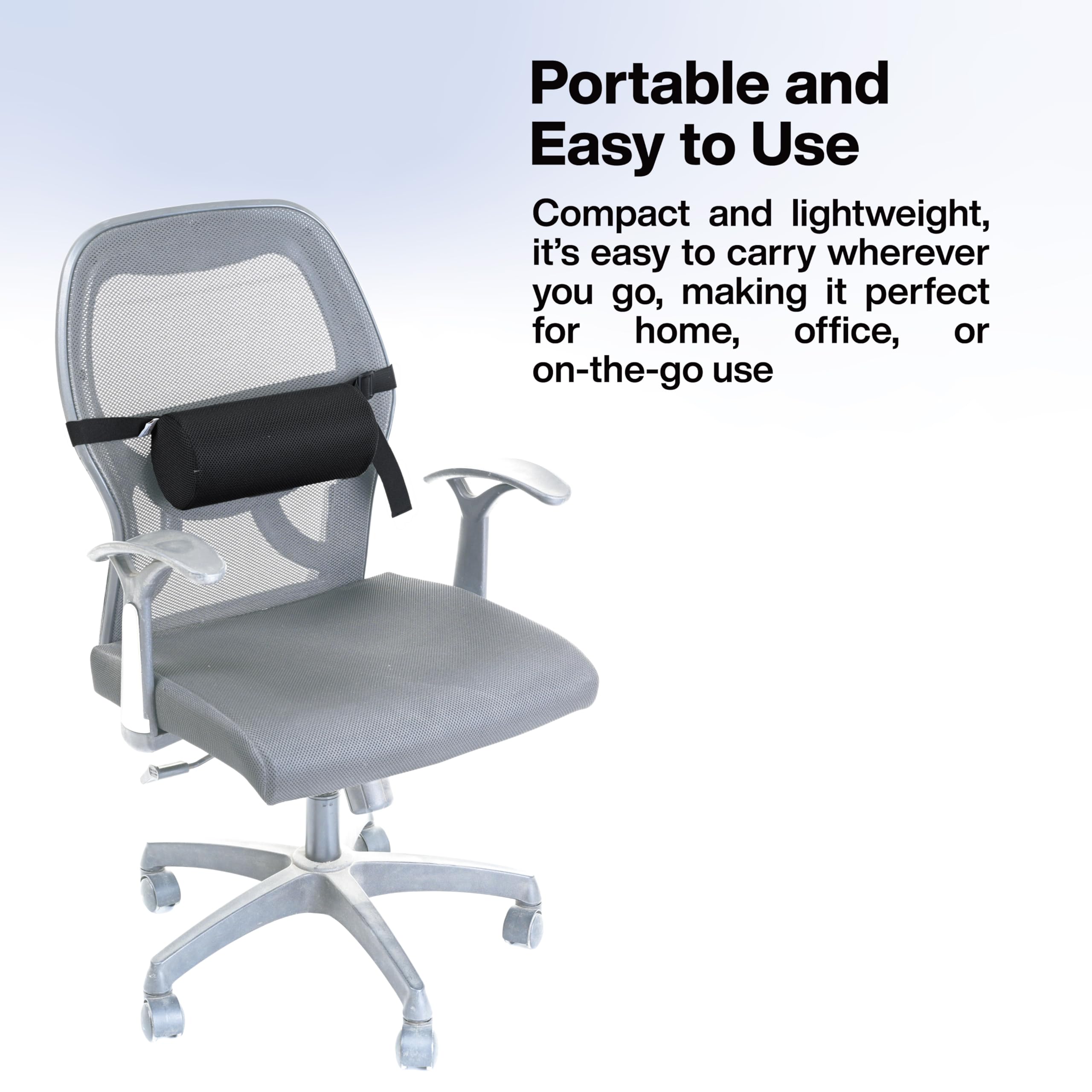 FOVERA Rollo de soporte lumbar para aliviar el dolor de espalda, cojín versátil para oficina, coche y viajes con correa ajustable, proporciona apoyo lumbar ideal, espalda y corrección de postura