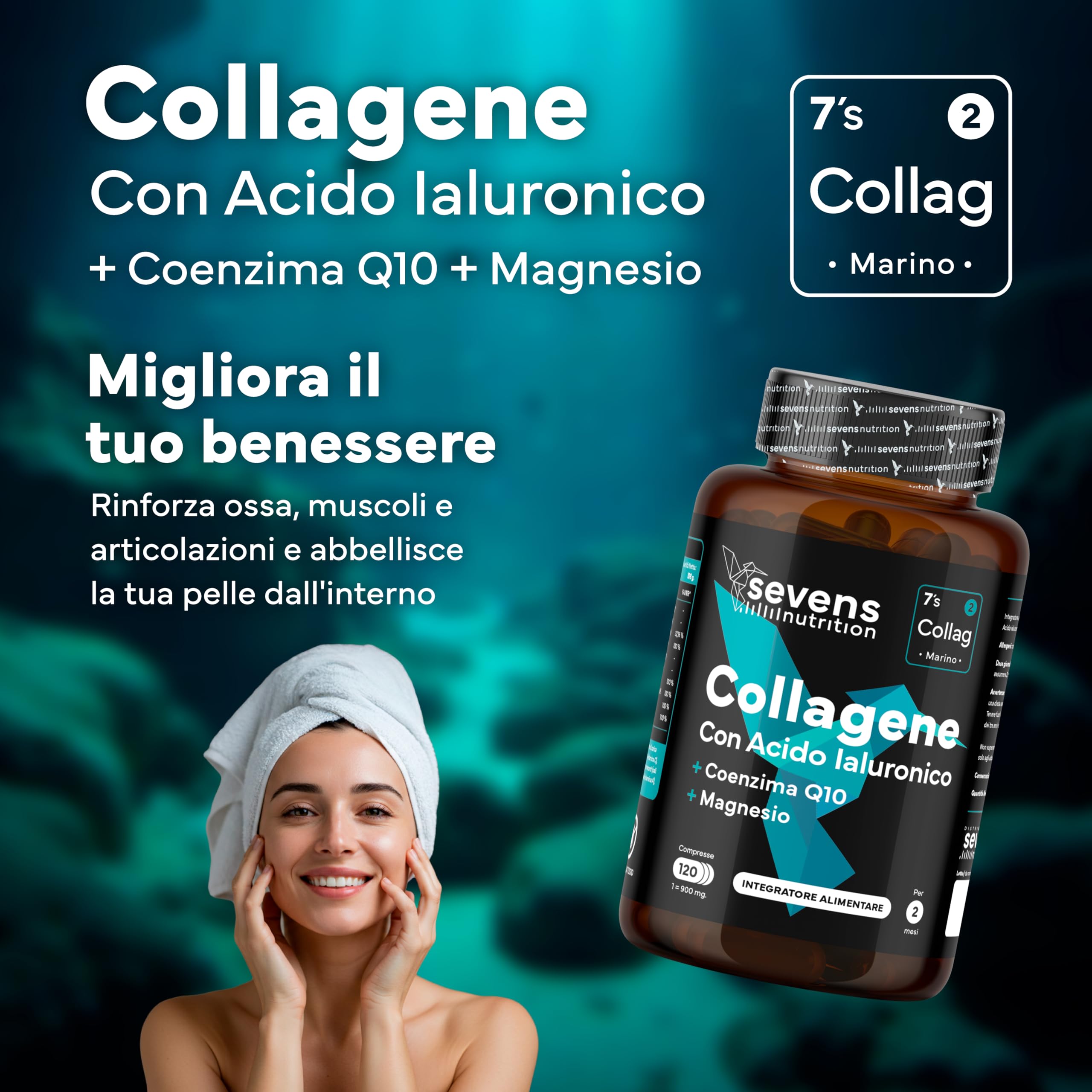 Collagene marino con Acido Ialuronico Idrolizzato Puro - Integratore con Magnesio, Q10 e Vitamine A, C, D3, B12, Zinco - 120 Capsule – Pelle, Ossa e Articolazioni – Sevens