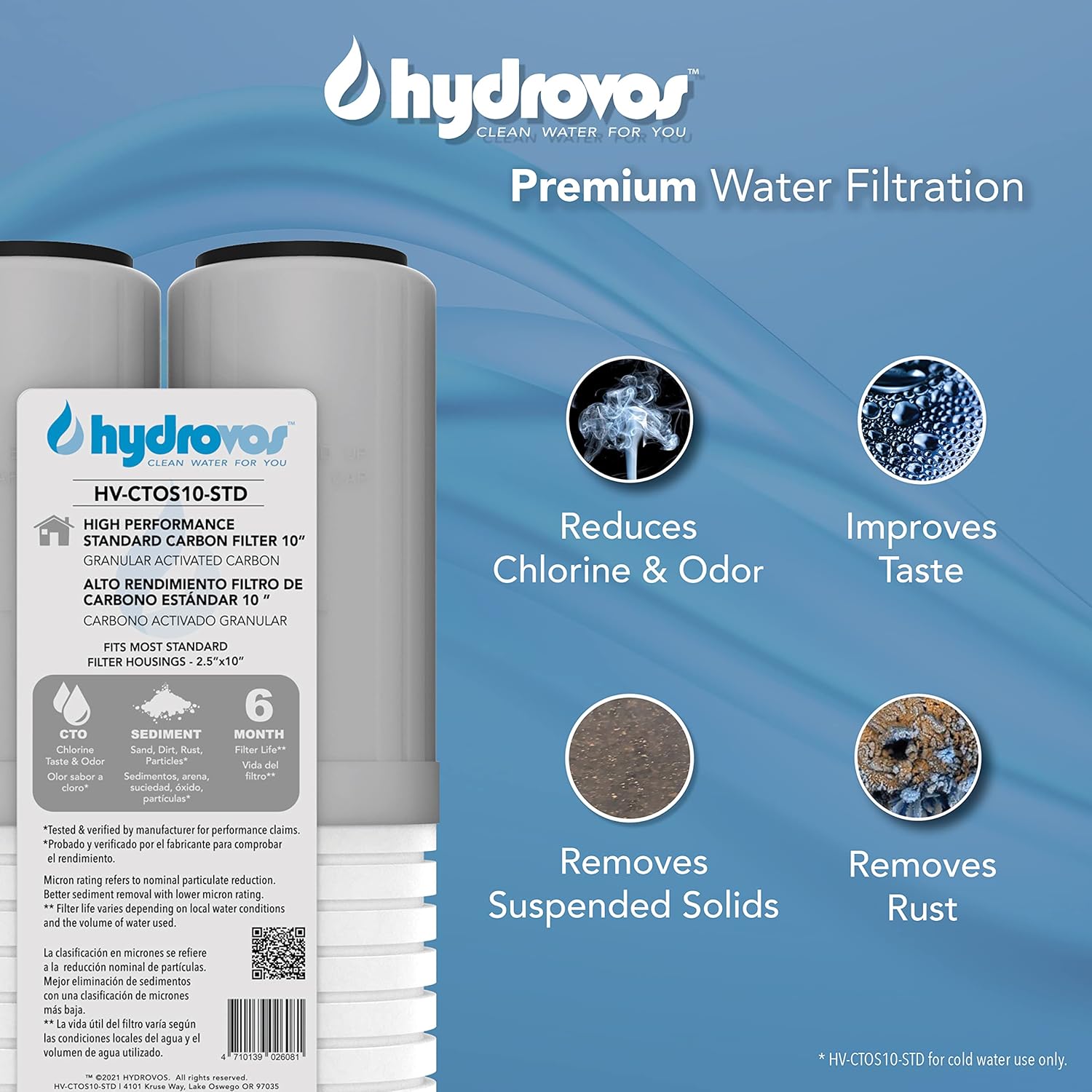 HYDROVOS 10" x 2.5" Whole House Water Filter, CTO Carbon Water Filter Replacement, High Efficiency 2-in-1 GAC & PP Removes Sediment, Chlorine, Pack of 4