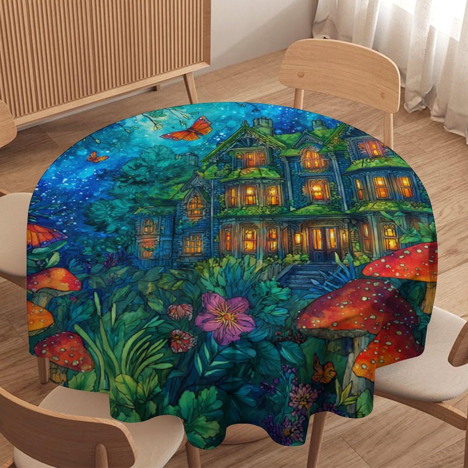 LUYYSKY Modern Realistic Enchanted Forest Waterproof Round Tablecloth Retro Oil Painting Galaxy Fairy House Mushroom Animal Butterflies Washable Table Cover for Kitchen-152.4" Wx152.4 L cm