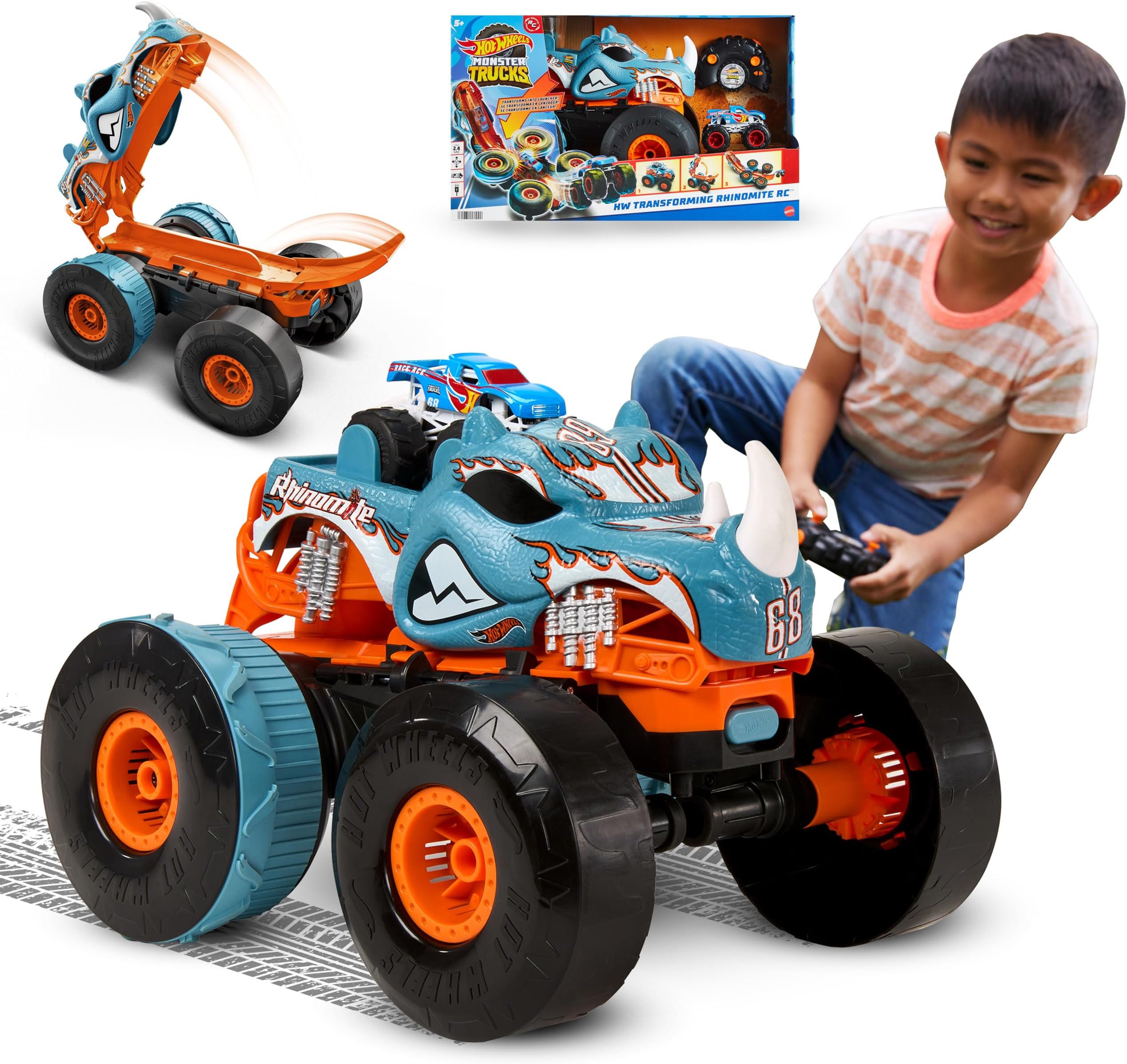 Monster Trucks HW Transforming Rhinomite RC | Remote-Control 1:12 Scale Toy Converts into Launcher & Connects to Track, With 1:64 Scale Race Ace Toy Trucks, HPK27