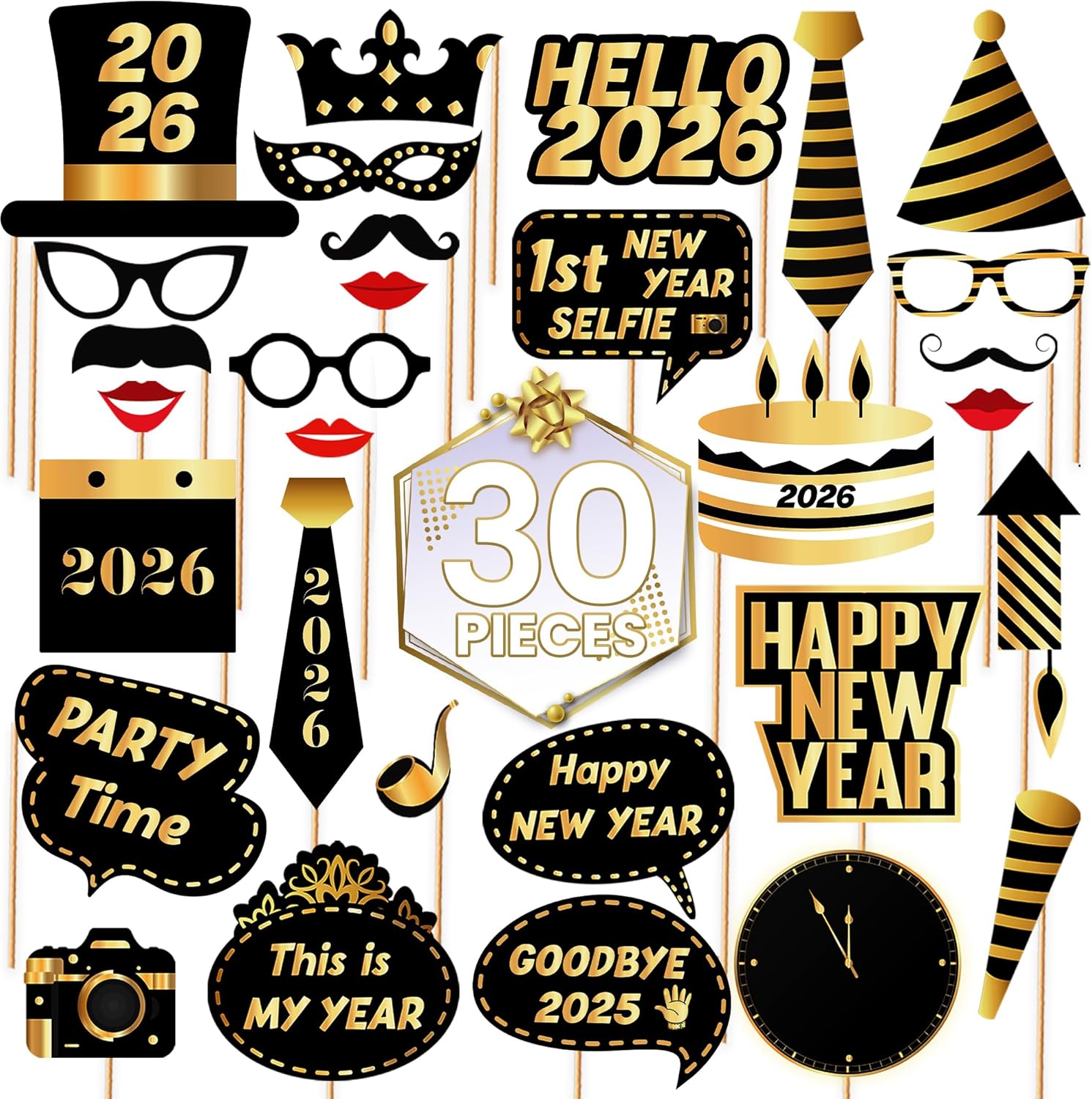 KatchOn, Pack of 36, New Years Glasses 2026 | Plastic Gold and Black Glasses 2026 for Happy New Year Decorations 2026 with New Years Photo Booth Props 2026 | New Years Eve Party Supplies 2026