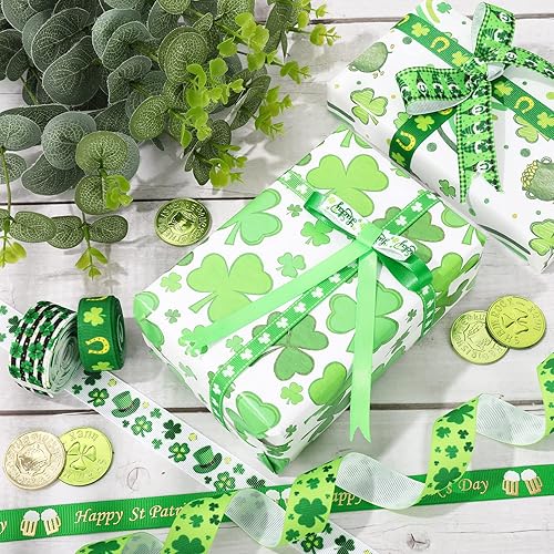 Miniatura 4 de Whaline 12 rollos de 60 yardas de cinta del día de San Patricio, trébol con borde con alambre, sombrero de trébol, herraduras de gnomo, cintas