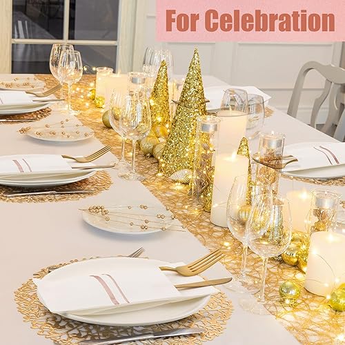 Miniatura 7 de Roshtia Paquete de 100 servilletas desechables de lino con bolsillo integrado para cubiertos con ribete dorado, papel preplegado para bodas (blanco,