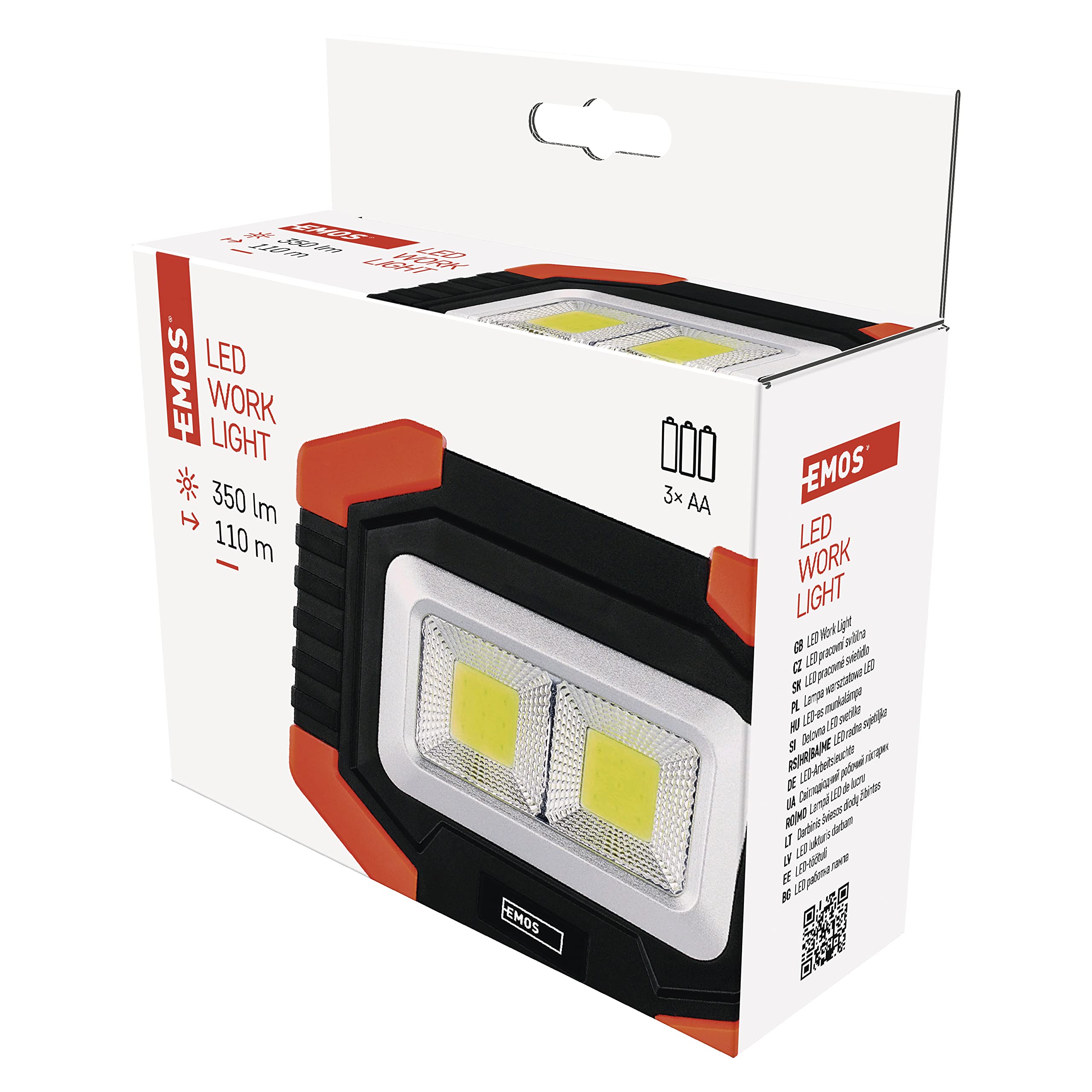 EMOS Lampa robocza LED, mały, przenośny reflektor roboczy, jasność 350 lm, zasięg świecenia 110 m, 2 tryby świecenia, zasilanie bateryjne, czas świecenia do 20 godzin, obrotowy uchwyt