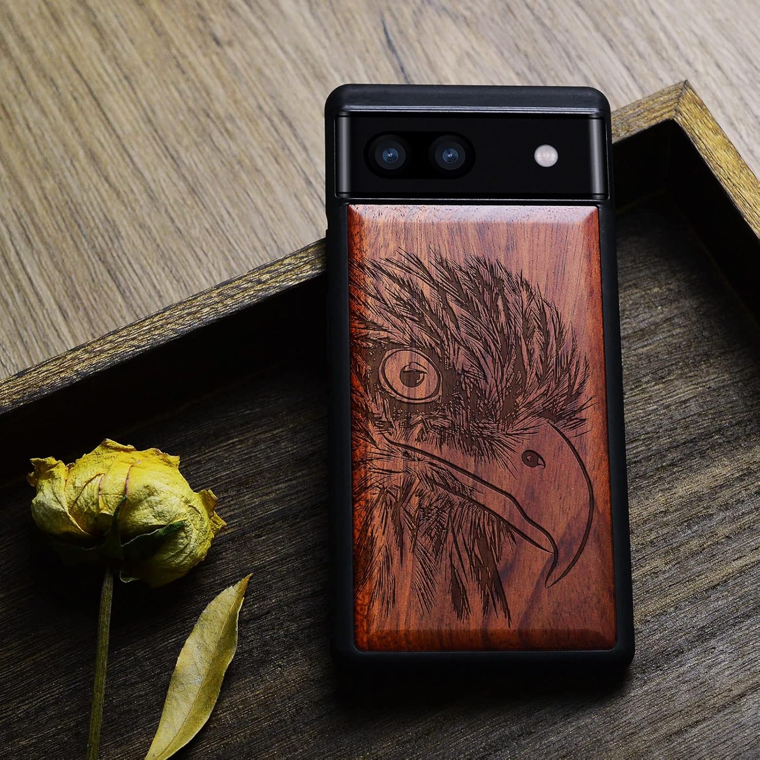 Carveit Wood Case for Pixel 6a Case [Natural Wood & Black Soft TPU] Shockproof Protective Unique & Classy Wooden Cover Compatible with Google Pixel 6a (Bald Eagle-Rosy)