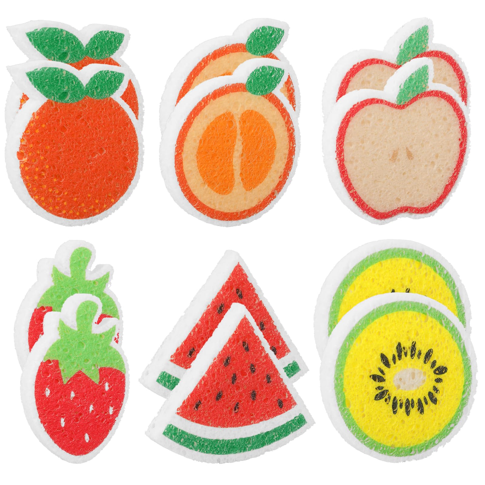 JarThenaAMCS 12Pcs Fruit Shaped Kitchen Sponges 6 Design Cute Apples Orange Watermelon Strawberry Water Absorbing Dish Washing Sponges Non Scratch