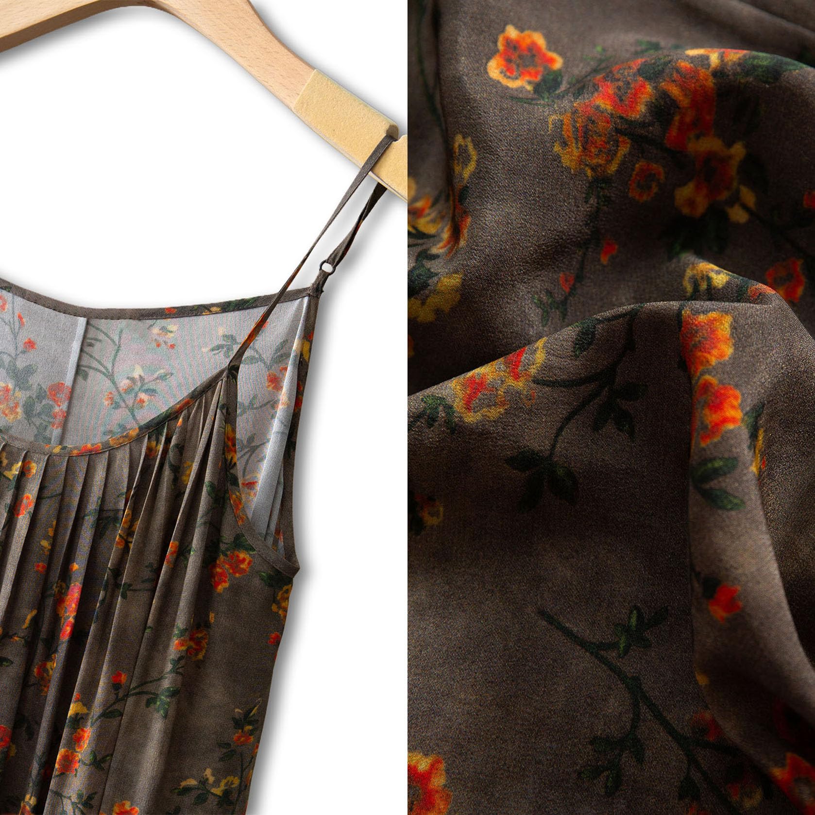 HangErFeng Jedwabny kwiatowy nadruk spaghetti sukienka damska letnia plisowana midi luźny elegancki styl wakacyjny 5088
