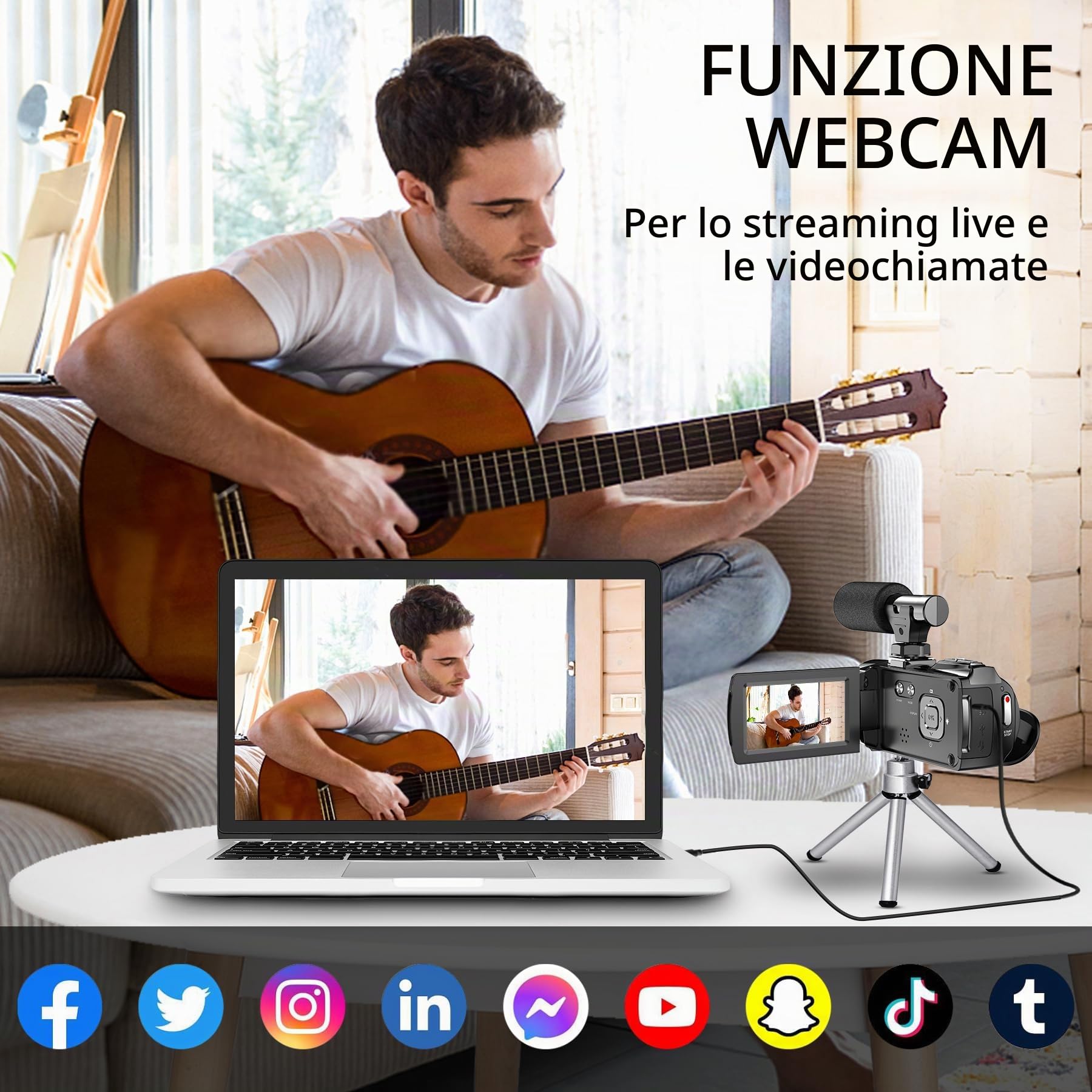Videocamera, 4K, 36 MP, per fotocamera digitale YouTube 30 FPS, schermo IPS girevole a 270°, con zoom digitale 18x, treppiede, 32G SD & batterie