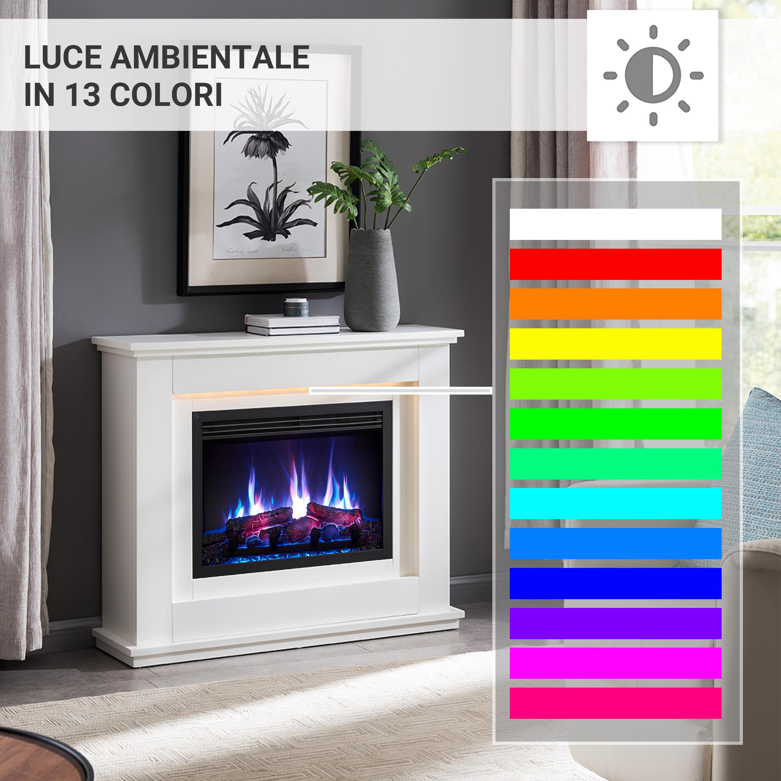 BALDERIA camino elettrico Baldur | Caminetto elettrico a pavimento con effetto fiamma 3D | Riscaldamento elettrico 2000 W | Focolare con app, telecomando, timer, termostato | Bianco