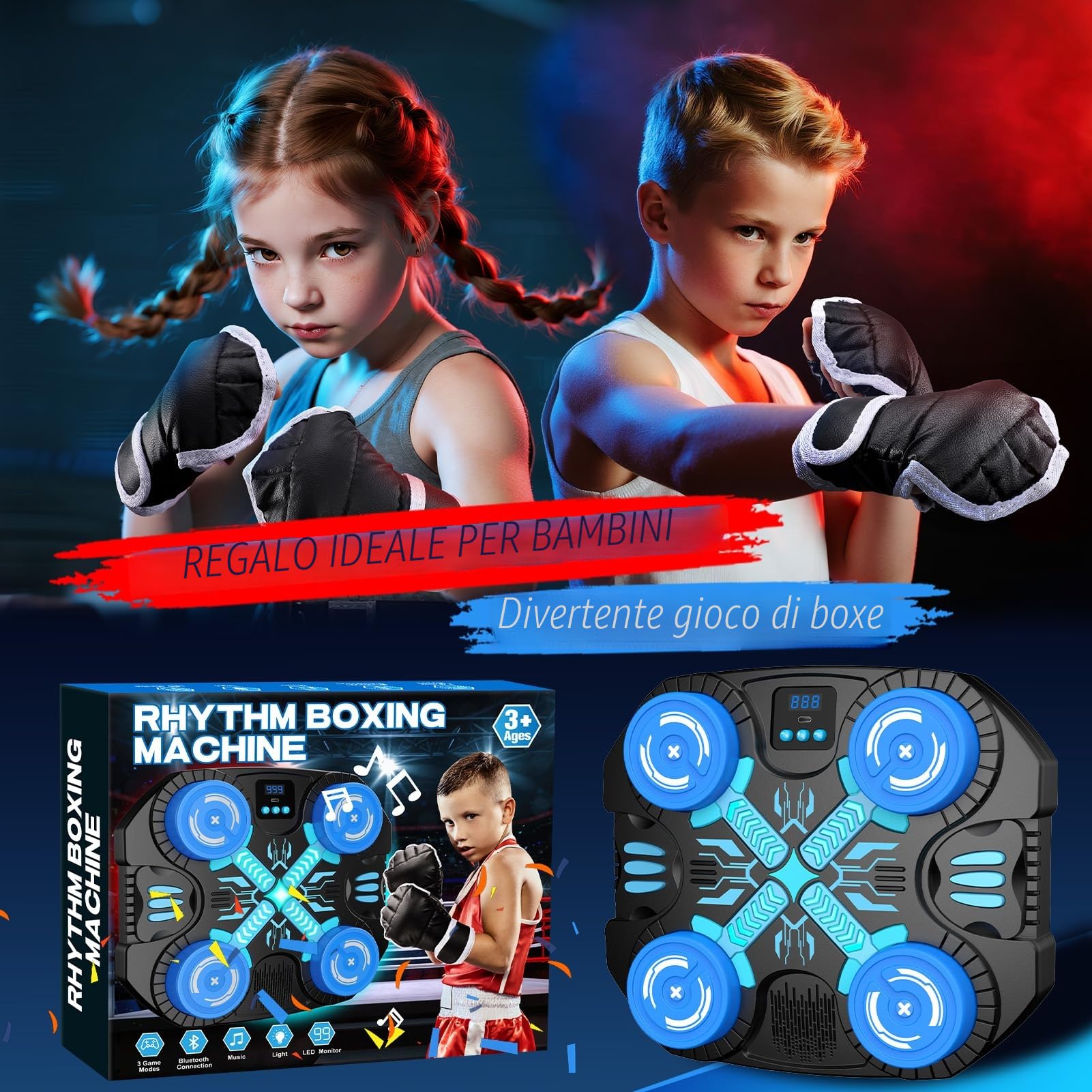 Musical Boxing Machine per Bambini con Guantoni, Bluetooth - 3 Modalità di Gioco Interattive - Sacco da Boxe a Parete con Display LED - Giochi Bambini 3-12 Anni, Regalo Natale per Ragazzi
