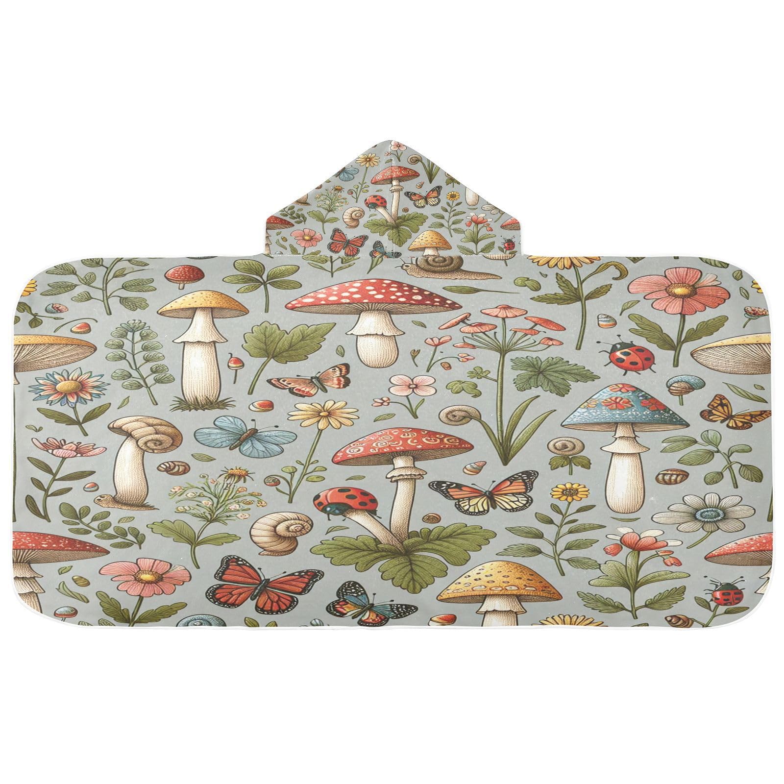 Kigai Mushroom Butterfly Hooded Beach Towel for Kids Soft Absorbent Quick Dry Bath Towel with Hood Lightweight Toddler Shower Pool Bath Wrap for Boys Girls