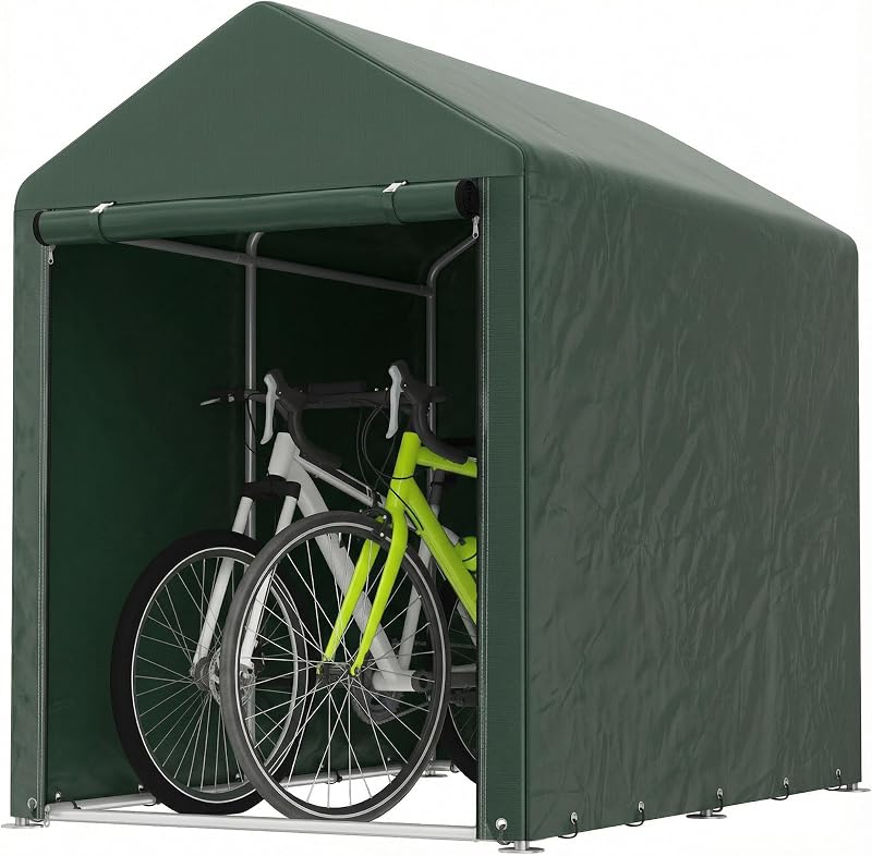 Outsunny Carpa de Jardín Exterior para Herramientas Bicicletas 1,2x1,8x1,65 m, Cobertizo Exterior con 2 Habitaciones, Puerta Enrollable con Cremallera, Impermeable Anti-UV, Garaje Portátil, Verde
